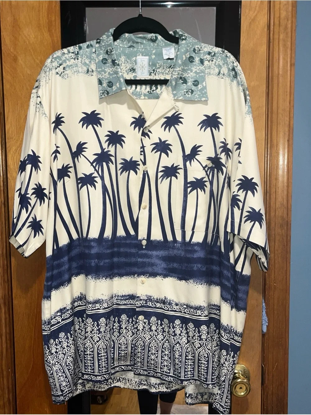 Palm-Print Short Sleeve Camp Shirt - Navy on Cream